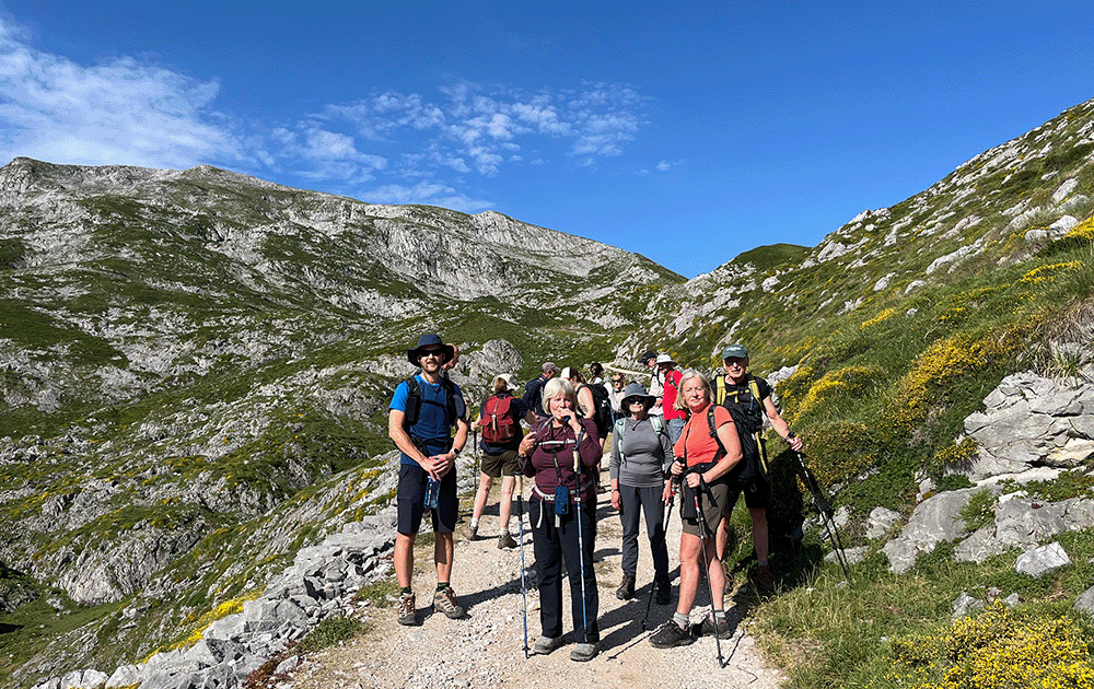A group of hikers posing on a mountain trail