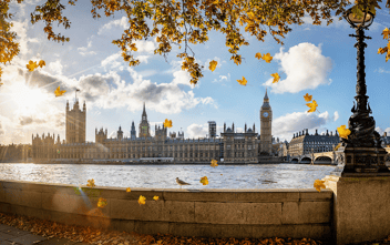 View of UK Parliament with autumn leaves