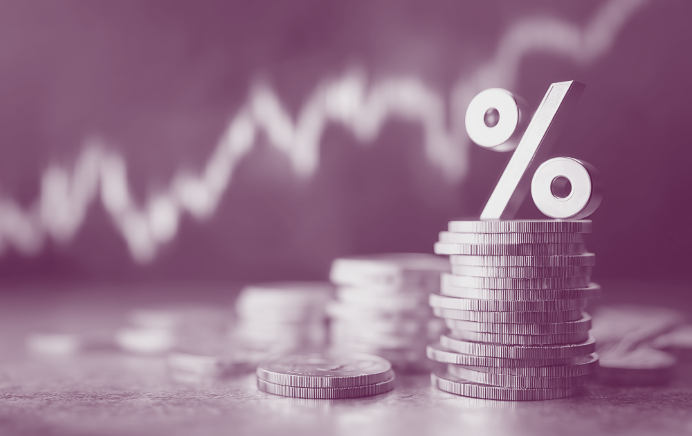 Coins with a percent symbol with a graph background