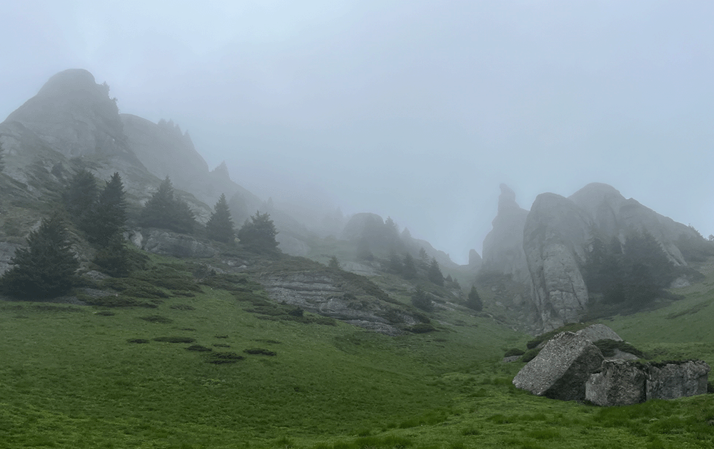 Jagged rock formations shrouded in mist