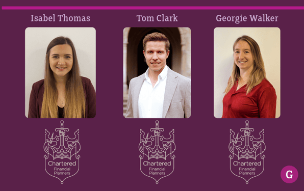 Isabel, Tom and Georgie with the Chartered logo