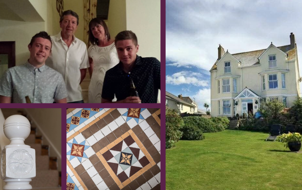 Photo of Sam and his family, their Cornish B&B and some details of the hallway